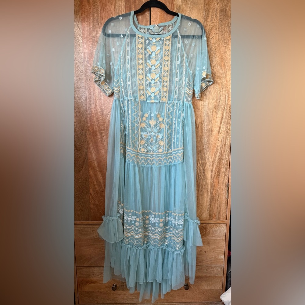 Free People Embroidered Blue and Gold Maxi Dress